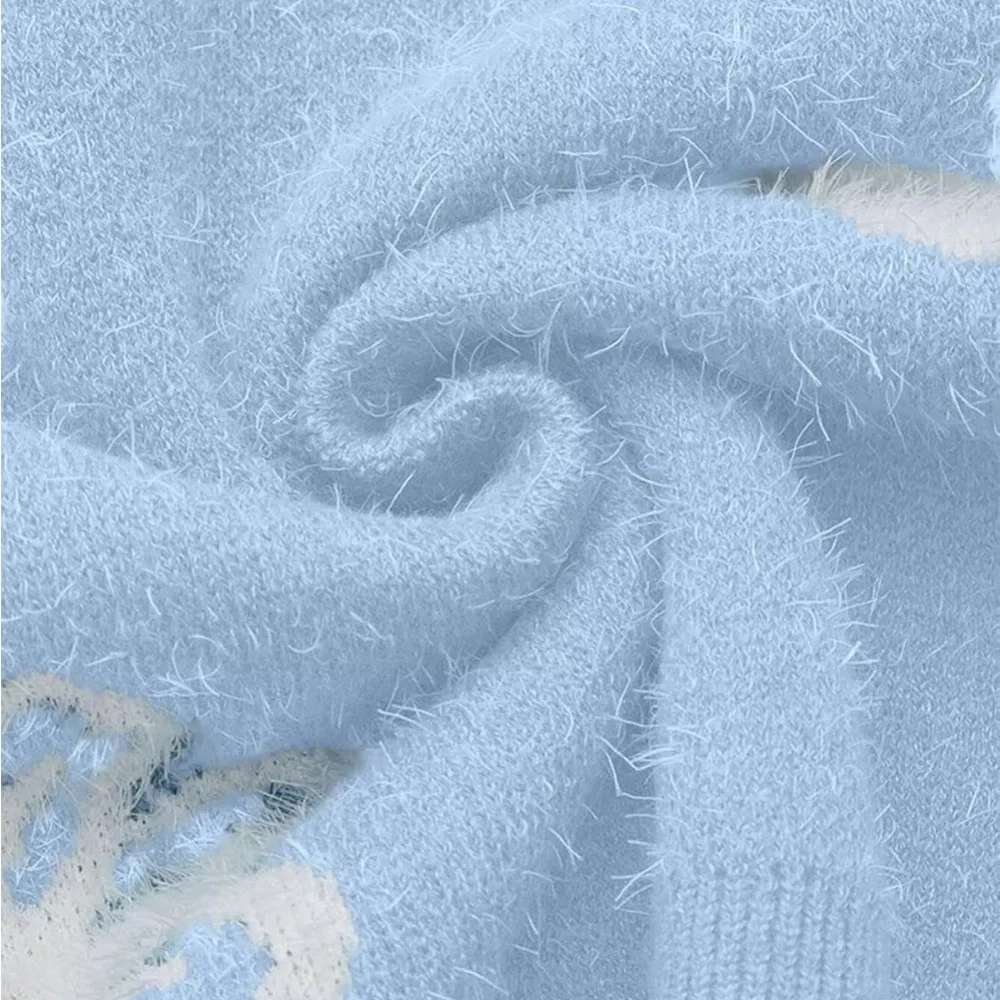 Light Blue Floral Fuzzy V-Neck Sweater - Picture 4 of 6